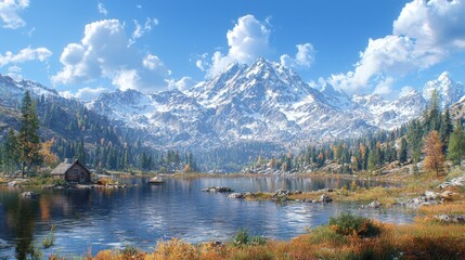 Sunny alpine lake with cabin nestled in autumnal mountains