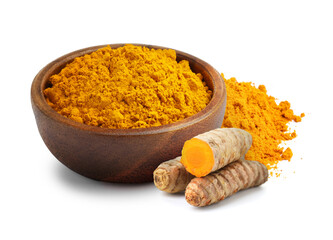Turmeric powder and fresh root isolated on white