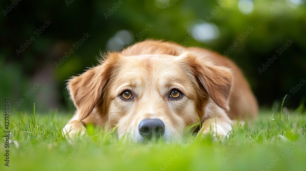 Aufkleber golden retriever dog lying on the grass with a calm expression in nature : generative ai
