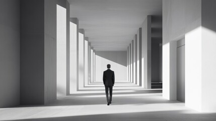 Fototapeta premium Black-and-white photograph of an office building with columns, a man in a suit walking alone down the middle