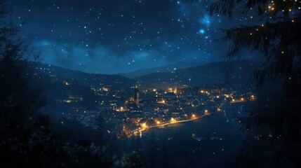 Naklejka premium Dreamy Nightscape, Illuminated Town Nestled Beneath a Starry Galaxy