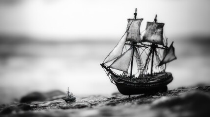 Obraz premium Black-and-white photograph of an old sailing ship, with a blurred background of the sea and a toy model.
