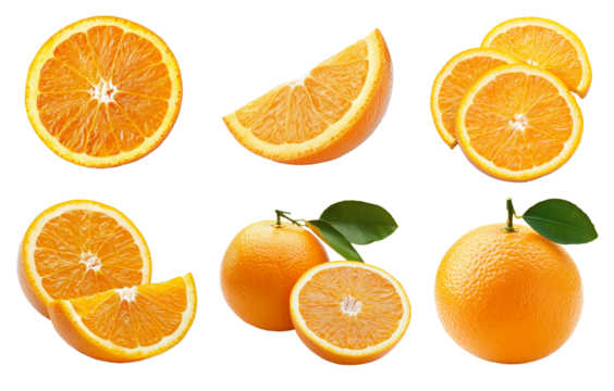 Orange fruit with leaves, half and slices isolated on the transparent background, clipping path, collection