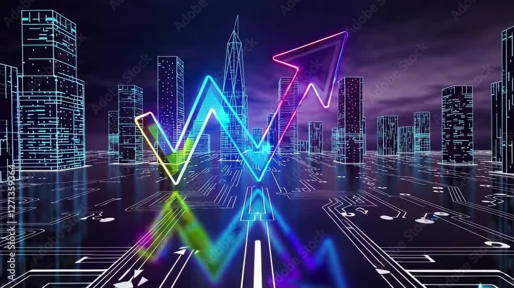 Poster Vibrant neon business growth charts ascending dynamically above futuristic cityscape, reflecting technological innovation on gleaming circuit board with mesmerizing slow motion visual dynamics