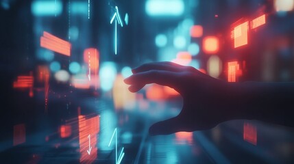 Close up of hands using laptop with abstract glowing arrows on blurry background. Future, business and up concept. Double exposure