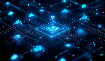 Bright neon network icons, symbols for Wi-Fi, cloud storage and data nodes
