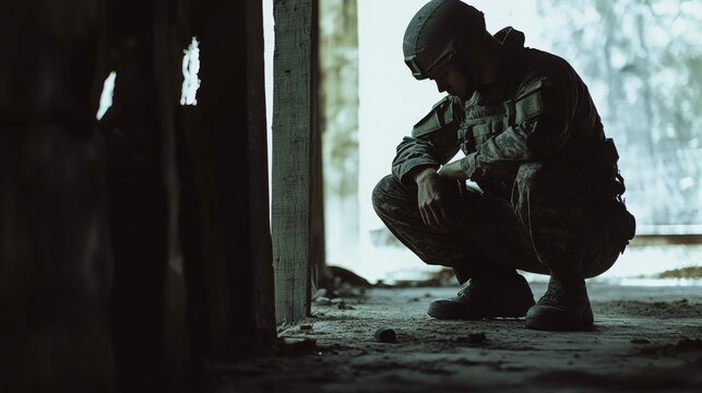 A soldier crouches in a shadowy, desolate room, wrapped in tension and introspection, with a field of white light behind.