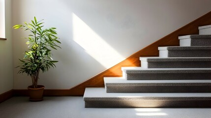 Obraz premium Sunlit Indoor Staircase with Houseplant