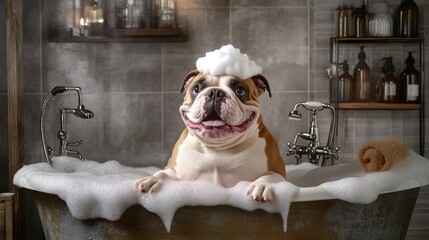 bull dog in a bathtub with soap suds, foam on its head, happy and smiling, against a modern bathroom background
