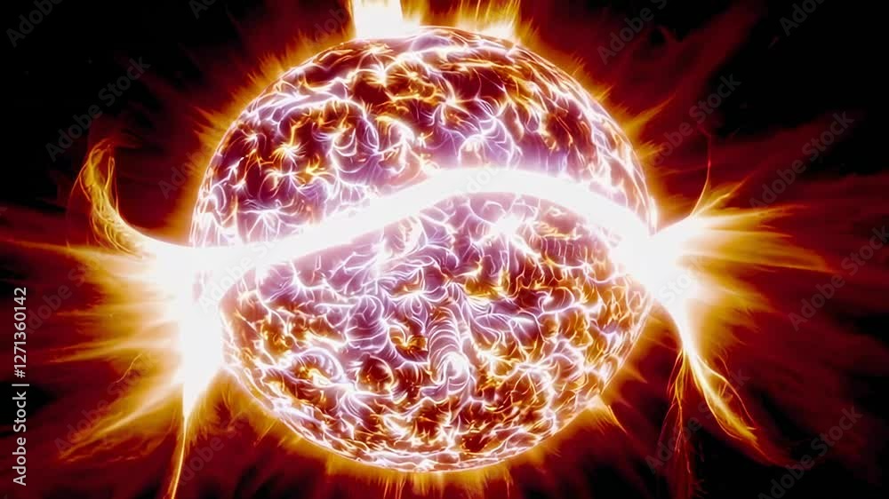Poster Solar flare erupting dynamically across stellar surface, generating massive energy burst with glowing plasma dynamics in dramatic slow motion visualization