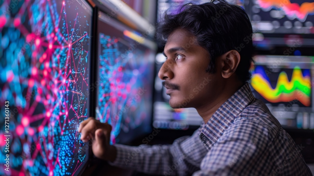 Poster A young man focused on interpreting intricate data visualizations displayed on several monitors while working in a contemporary office during evening hours.