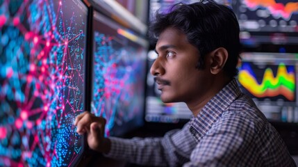 A young man focused on interpreting intricate data visualizations displayed on several monitors while working in a contemporary office during evening hours.