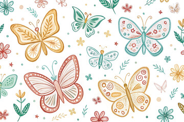 Pastel butterflies, floral pattern, spring, background for kids