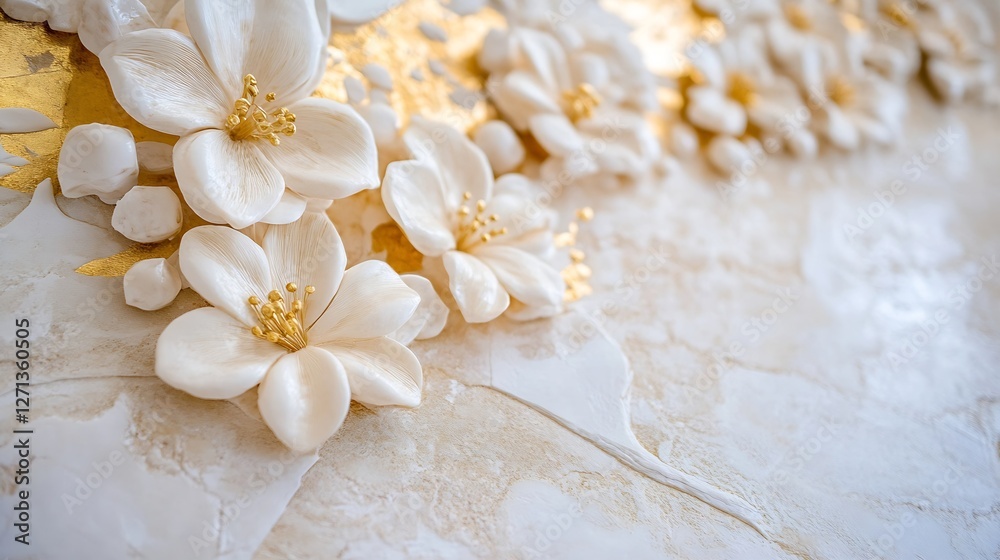 Poster elegant white flowers with golden accents on a textured wall creating a serene background design : g