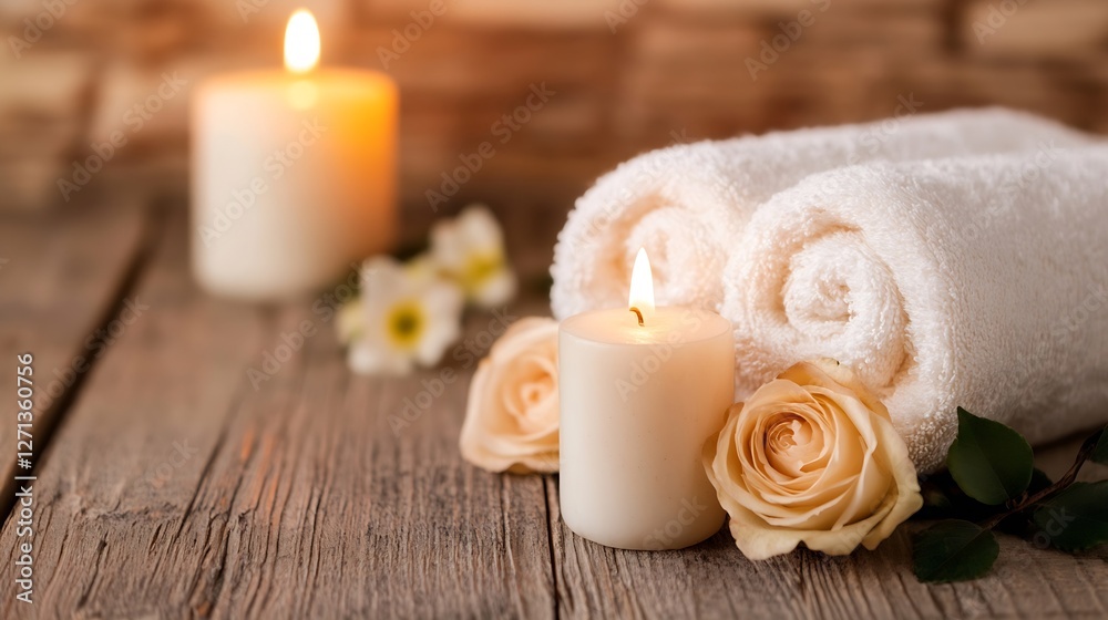 Poster Relaxation scene with rolled towels and candles surrounded by roses creating a tranquil environment for a spa day : Generative AI