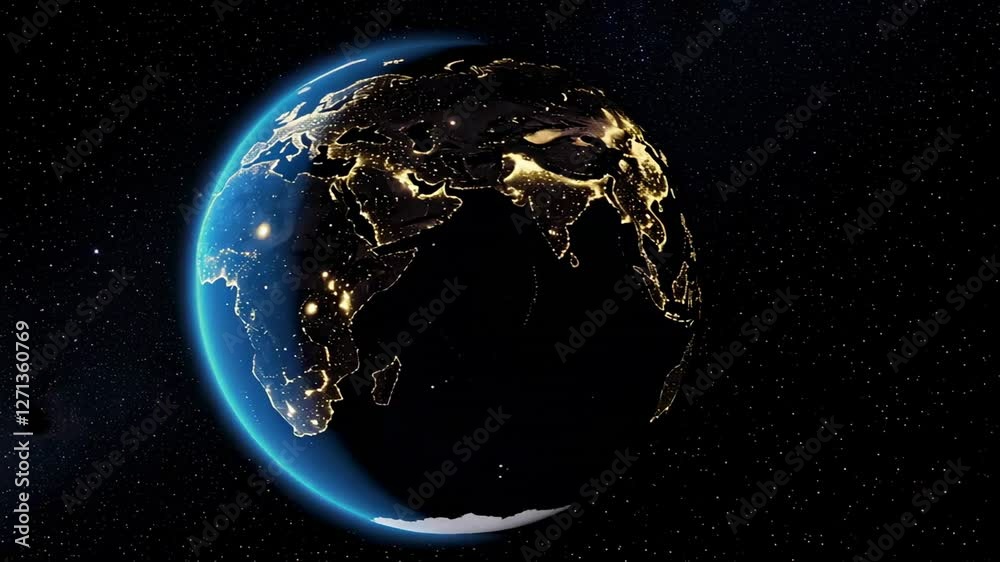 Poster nighttime planet rotation featuring illuminated cities spreading across dark planetary surface, reve
