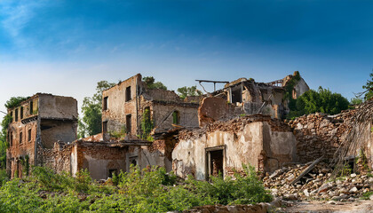 Fototapeta premium Post apocalyptic ruined city scape. Abandoned town with old broken buildings. Disaster, catastrophe