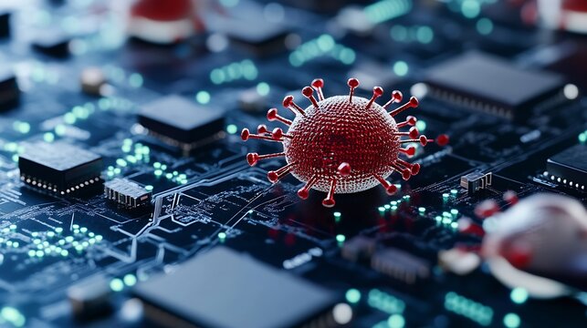 Digital Virus Representation on Electronic Circuit Board with Red Spikes : Generative AI - Powered by Adobe