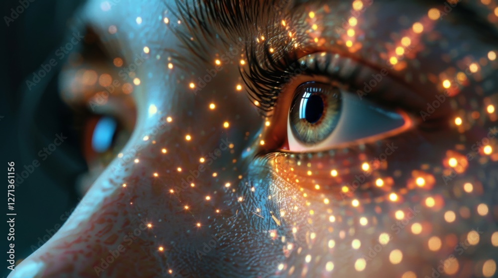 Poster a close up captures the beauty of an eye surrounded by intricate light patterns and reflections, sho
