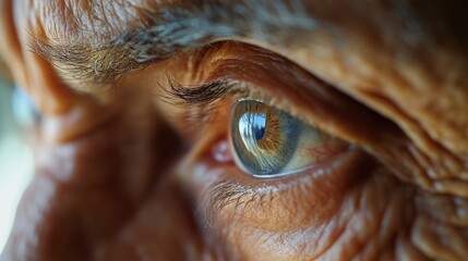 An extreme close-up of a weathered eye, with deep lines showing age and experience, capturing intense focus and life reflections.