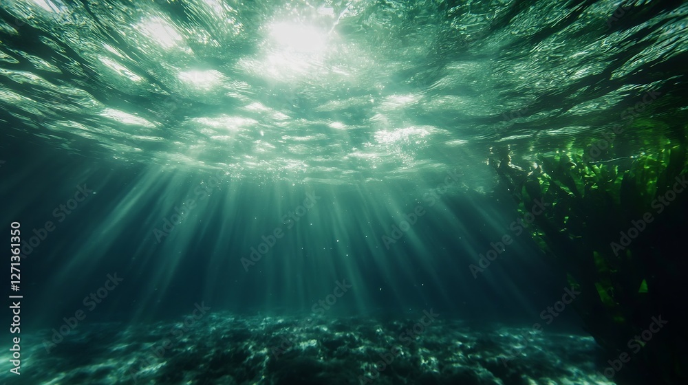 Poster breathtaking underwater scene with rays of sunlight filtering through clear water and illuminating t