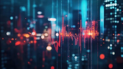 Creative glowing big data forex candlestick chart on blurry city background. Trade, technology, investment and analysis concept. Double exposure