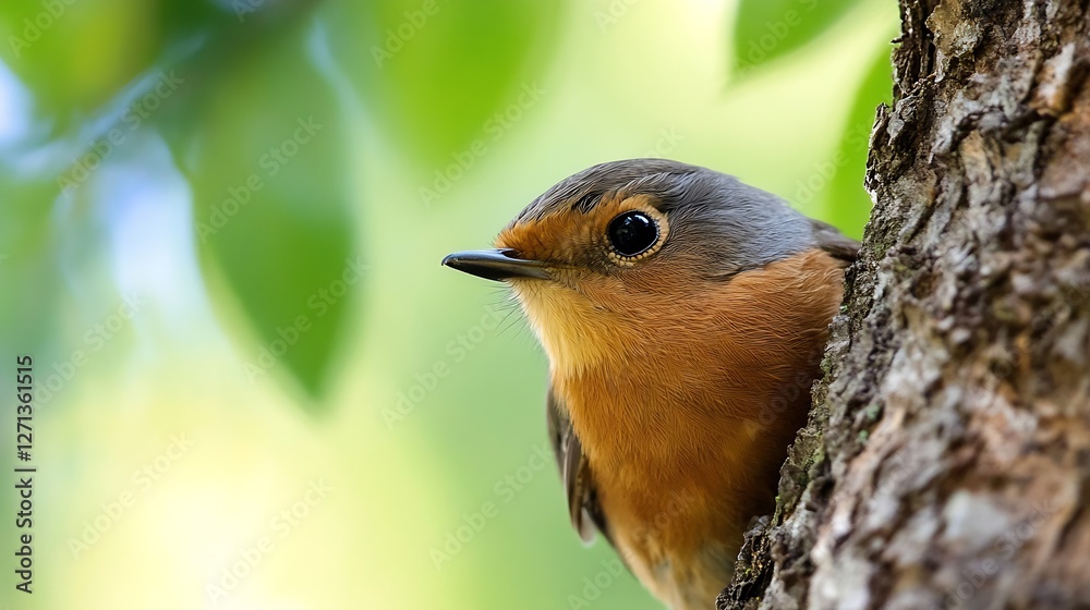 Poster charming closeup of a small bird perched on a tree trunk surrounded by vibrant green foliage : gener
