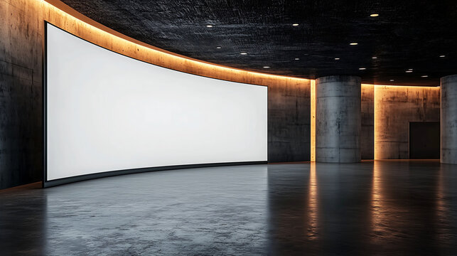 Futuristic Exhibition Space with Large Curved Screen – Perfect for Presentations, Events, and Digital Displays, exhibition halls, digital presentations, immersive event spaces, modern architecture,