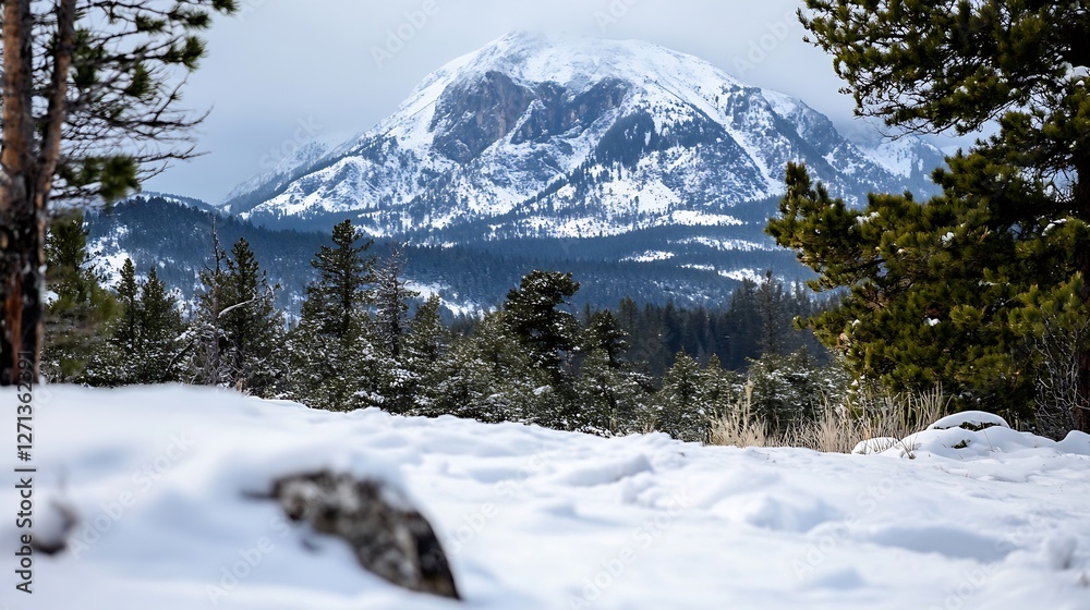 Poster majestic snowcapped mountain surrounded by evergreen trees under a cloudy sky in winter : generative