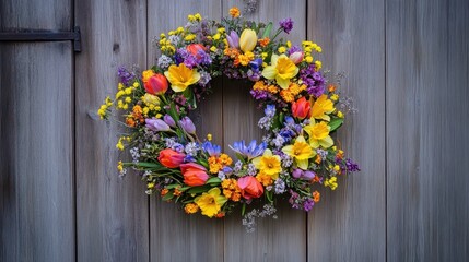 Naklejka premium Wreath Made of Spring Flowers—Daffodils, Crocuses, and Tulips—Hung on Wooden Door, Symbolizing the Arrival of the Spring Equinox