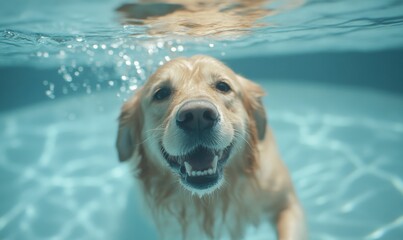 Golden retriever enjoys swimming in clear blue pool water