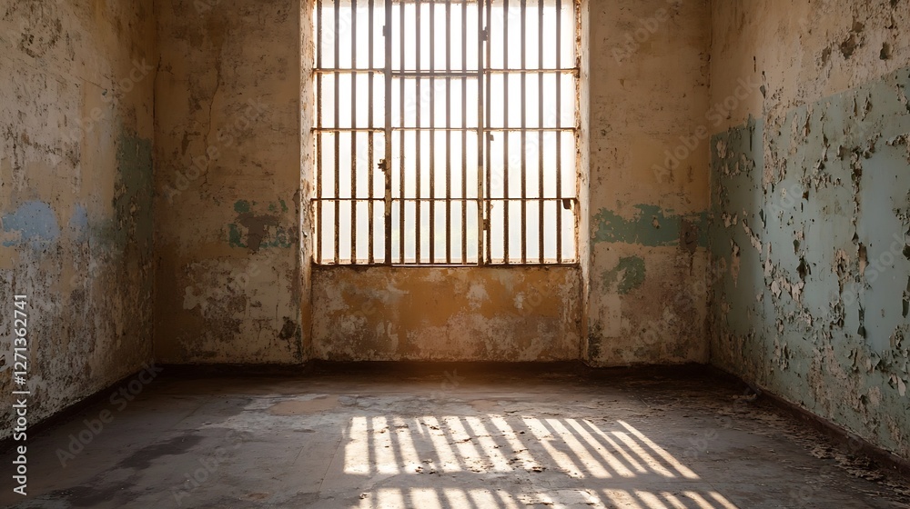 Fototapete abandoned room with sunlight streaming through rusty bars on a window : generative ai