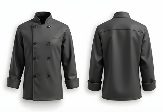 Blank black and white chef jacket mockup set, front view, 3d rendering. Empty cotton master protect overcoat mock up , isolated. Clear service or chief clothe barathea mokcup template.
