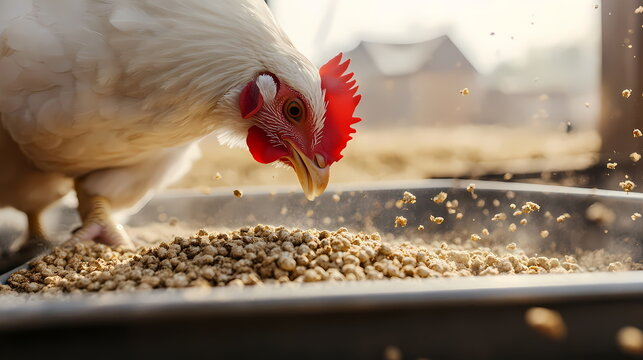 White chicken pecking combined feed in poultry farm at sunset