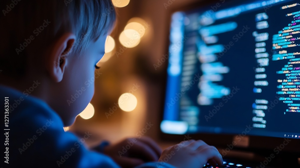 Aufkleber Young child focused on programming and coding with computer in a cozy illuminated environment : Generative AI