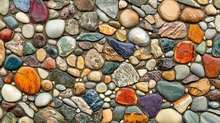 a textured stone wall with various shapes and colors of stones.