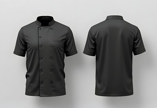 Blank black and white chef jacket mockup set, front view, 3d rendering. Empty cotton master protect overcoat mock up , isolated. Clear service or chief clothe barathea mokcup template.
