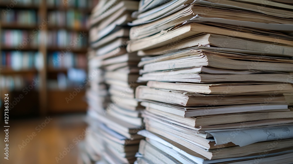 Poster Closeup of a tall stack of wellused books in a cozy library setting with soft lighting : Generative AI
