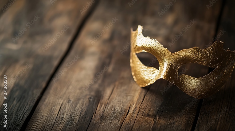 Leinwandbilder elegant gold mask resting on rustic wooden table creating a mysterious ambiance : generative ai