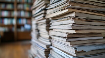 Closeup of a tall stack of wellused books in a cozy library setting with soft lighting : Generative AI