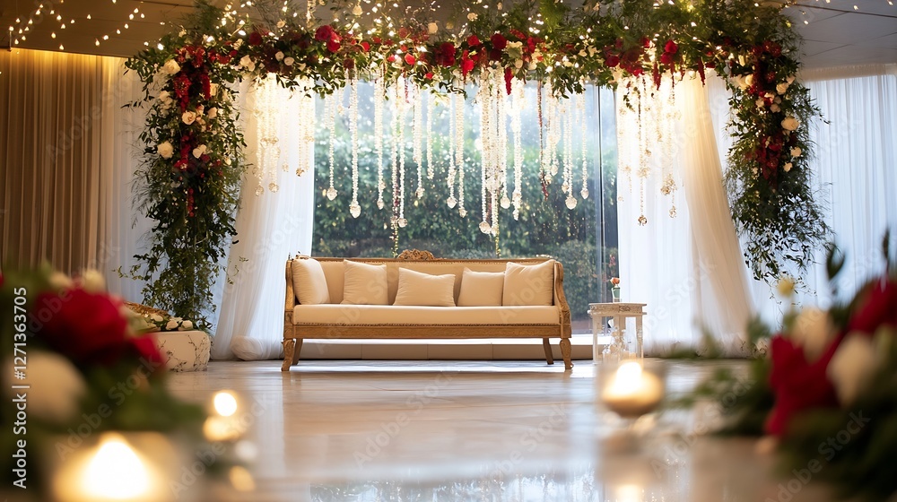 Poster exquisite flowerdraped backdrop featuring elegant seating ideal for a wedding or event : generative 