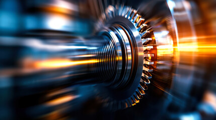 close up macro shot of metallic gear with motion blur, showcasing intricate details and vibrant colors