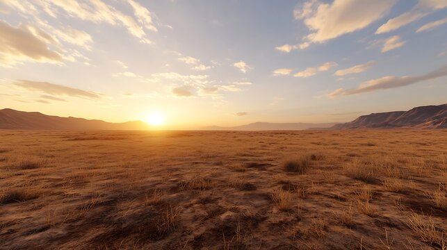 Expansive dry landscape at golden hour with gently rolling hills and a vibrant sunset on the horizon : Generative AI