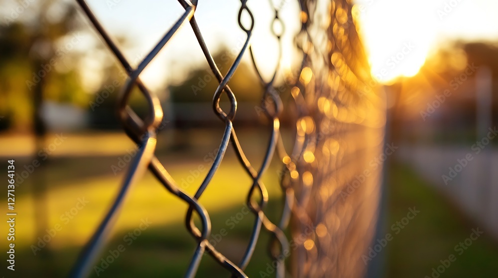 Fototapete Closeup of a chain link fence illuminated by soft sunset light creating artistic reflections : Generative AI