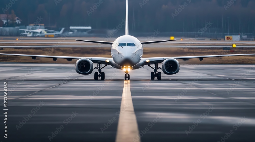 Poster Modern passenger airplane on the runway preparing for takeoff on a cloudy day : Generative AI