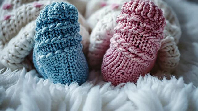 Close-up of baby feet wearing multi-colored knitted socks - one pink and one blue. Concept of gender neutrality and equality, importance of freedom of choice for every child regardless of gender.