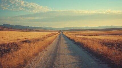 Naklejka premium A long, endless road stretches through a golden field under a vast sky, portraying boundless freedom and the serenity of open landscapes at dusk.