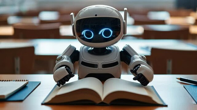 A cute classroom scene with a robot carefully reading a book, demonstrating the innovative use of artificial intelligence in learning environments and the evolution of learning.