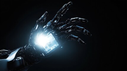 artificial intelligence, future technology and business concept - robot and human hand with flash light and virtual screen projection over black background