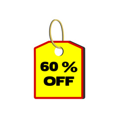 60% off yellow tag with red border, beige cord and white background